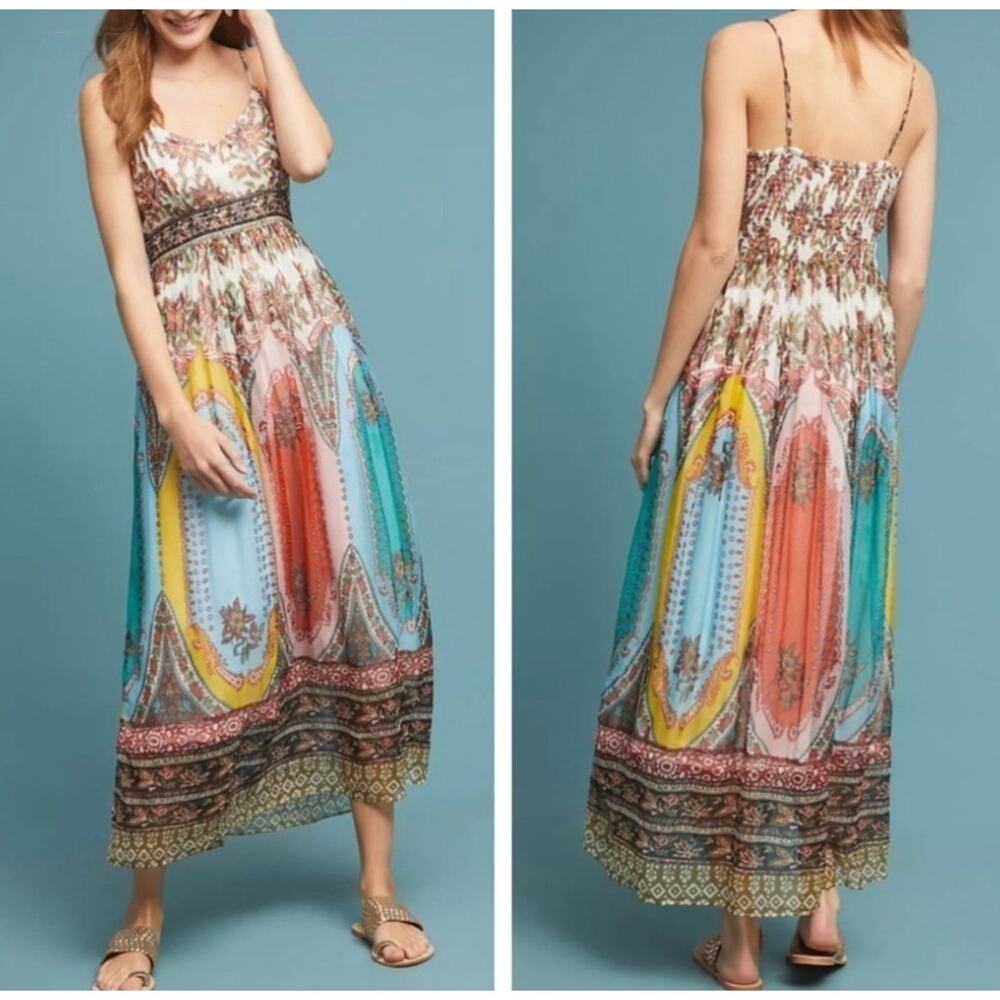 ANTHROPOLOGIE Women's Virginia Chiffon Maxi Dress Size 6 Boho Lined Smocked
